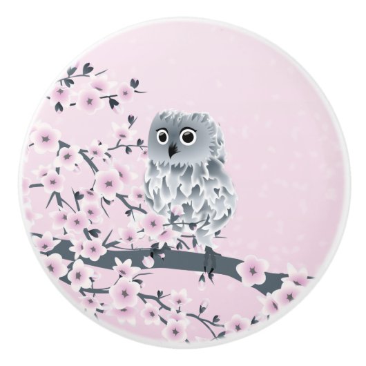 Owl en Cherry Blossom Pink Grey Keramische Knop (Voorkant)