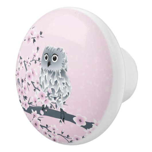 Owl en Cherry Blossom Pink Grey Keramische Knop (Rechts)