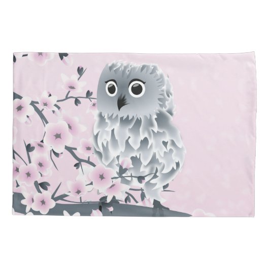 Owl en Cherry Blossom Pink Grey Kussensloop (Achterkant)