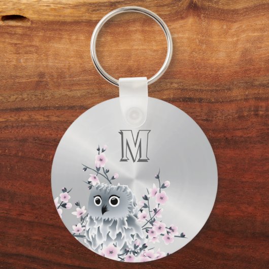 Owl en Cherry Blossom Pink Silver Sleutelhanger (Voorkant)