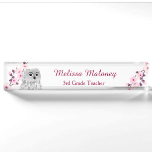Owl en Cherry Blossom Pink White Teacher Naambordje