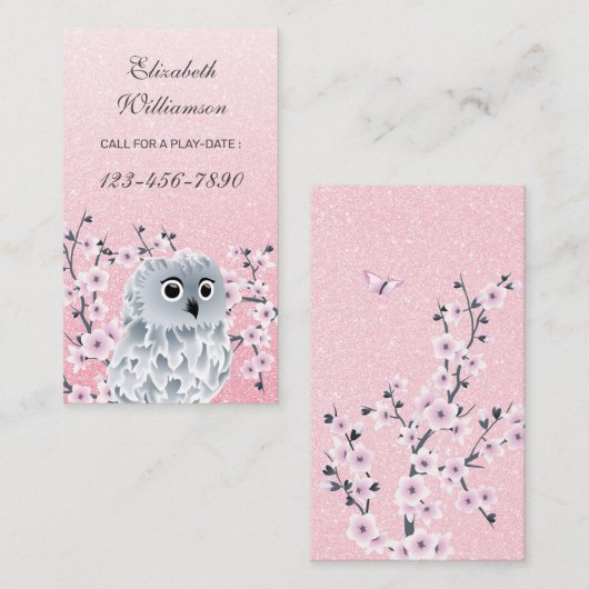 Owl- en Cherry Blossom Roze oproep tot afspelen Visitekaartje (Voorkant / Achterkant)