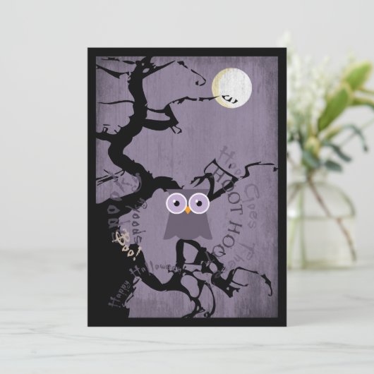 Owl en Creepy Gnarled Tree for Halloween Kaart (Staand voorkant)