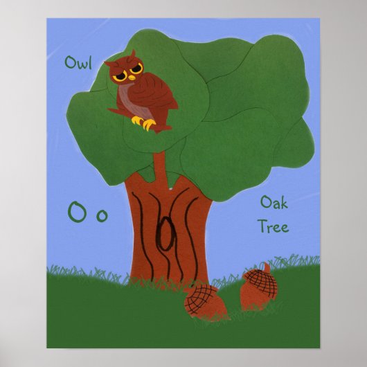 Owl en eik Tree Whimsical Cartoon Art Poster (Voorkant)