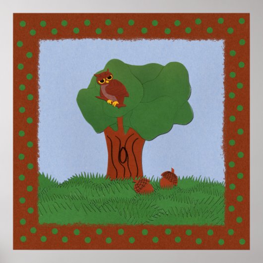Owl en eik Tree Whimsical Cartoon Art Poster (Voorkant)