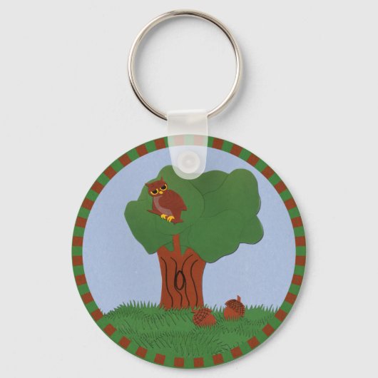 Owl en eik Tree Whimsical Cartoon Art Sleutelhanger (Voorkant)