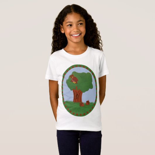 Owl en eik Tree Whimsical Cartoon Art T-shirt (Voorkant volledig)