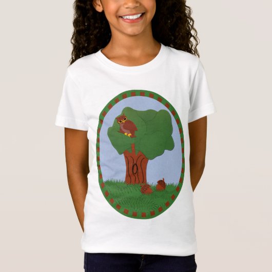 Owl en eik Tree Whimsical Cartoon Art T-shirt (Voorkant)
