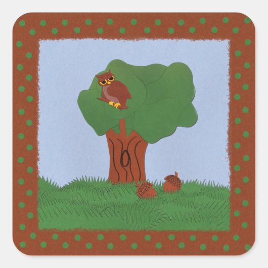 Owl en eik Tree Whimsical Cartoon Art Vierkante Sticker (Voorkant)
