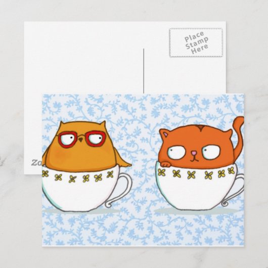 Owl- en kattenvangers op porseleinblauw briefkaart (Voorkant / Achterkant)