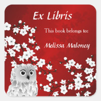 Owl en Red Cherry Blossom Ex Libris toevoegen naam