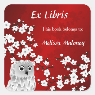 Owl en Red Cherry Blossom Ex Libris toevoegen naam Vierkante Sticker
