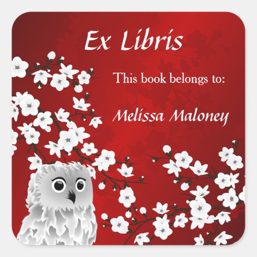 Owl en Red Cherry Blossom Ex Libris toevoegen naam Vierkante Sticker (Voorkant)