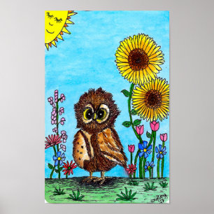 Owl en zonnebloemen poster