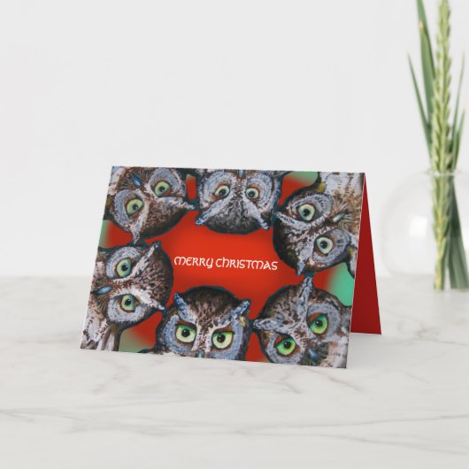 OWL FACES CHRISTMAS beroemd gemaakt door Slipperyw Feestdagen Kaart (Voorkant)