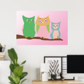 Owl Familie op Roze Poster (Thuiskantoor)