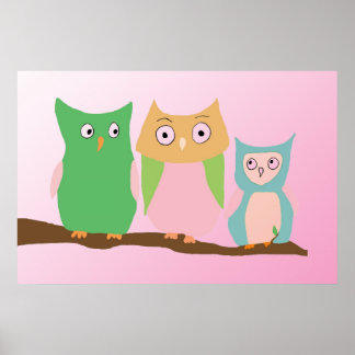 Owl Familie op Roze Poster