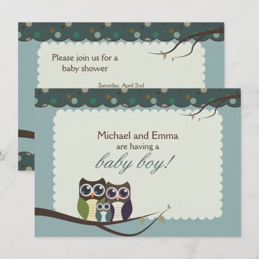 Owl Family Baby shower for Boy Kaart (Voorkant / Achterkant)