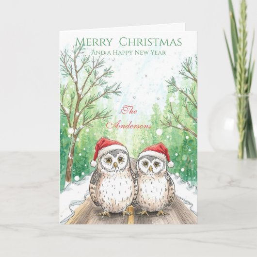 Owl Family Christmas Card – Green Woodland Owls Kaart (Voorkant)