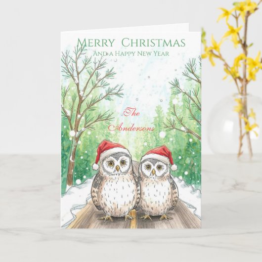  Owl Family Christmas Card – Green Woodland Owls Kaart (Gele Bloem)