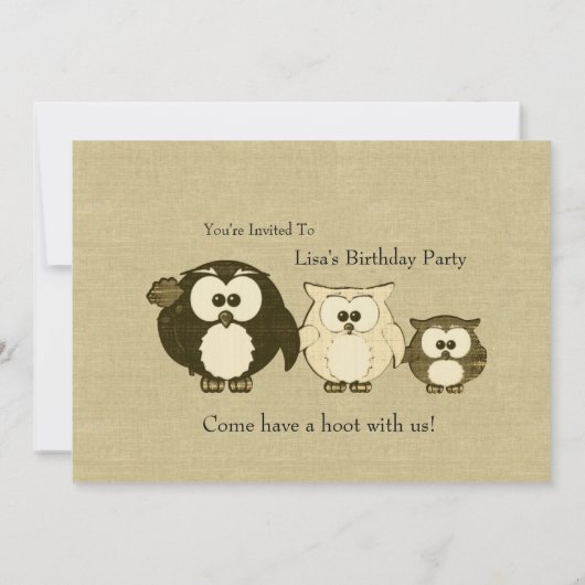 Owl Family Linen Look Party Uitnodiging (Achterkant)