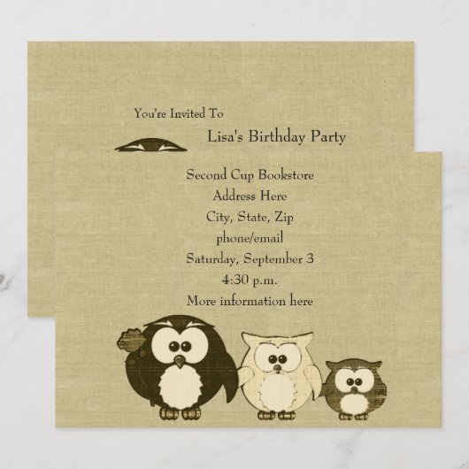 Owl Family Linen Look Party Uitnodiging (Voorkant / Achterkant)