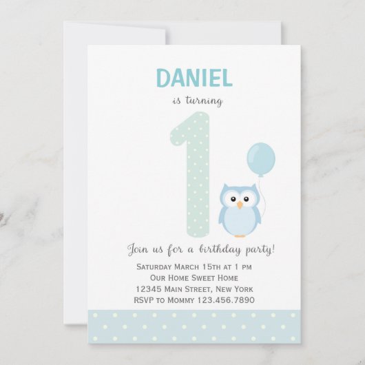 Owl First Birthday Invitation (blauw) Kaart (Voorkant)