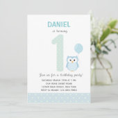 Owl First Birthday Invitation (blauw) Kaart (Staand voorkant)