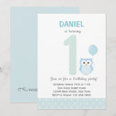 Owl First Birthday Invitation (blauw) Kaart (Voorkant / Achterkant)