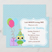 Owl First Birthday Invitations for Boys (ballonnen Kaart (Voorkant / Achterkant)