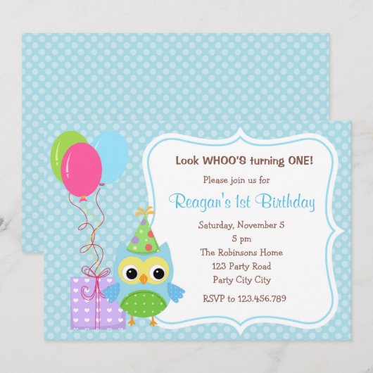 Owl First Birthday Invitations for Boys (ballonnen Kaart (Voorkant / Achterkant)
