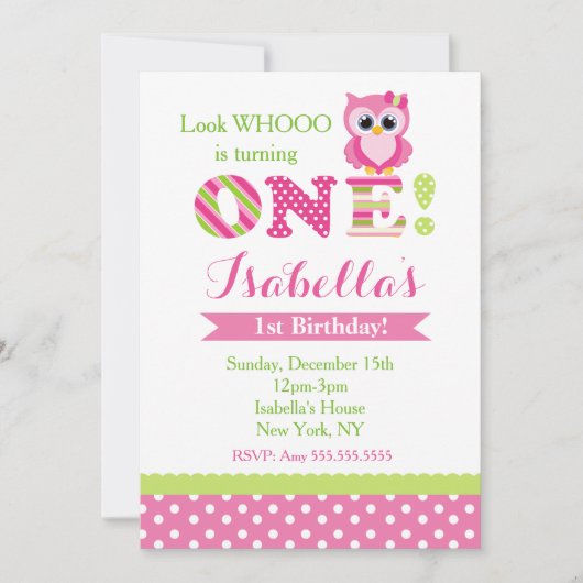 Owl First Birthday Party Invitations Kaart (Voorkant)