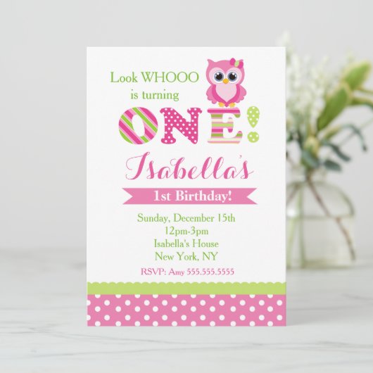 Owl First Birthday Party Invitations Kaart (Staand voorkant)