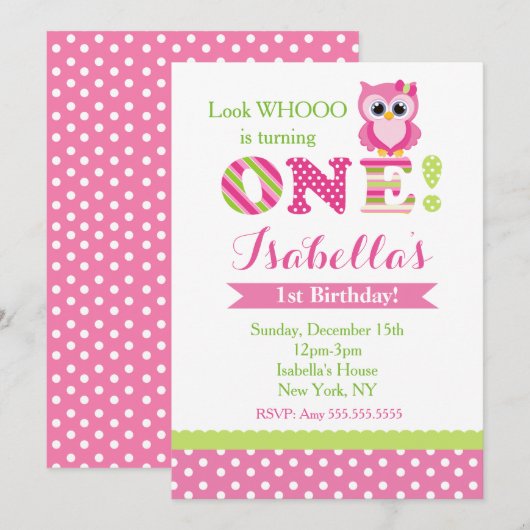 Owl First Birthday Party Invitations Kaart (Voorkant / Achterkant)