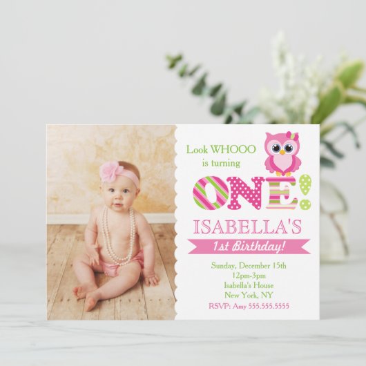 Owl First Birthday Party Invitations Kaart (Staand voorkant)
