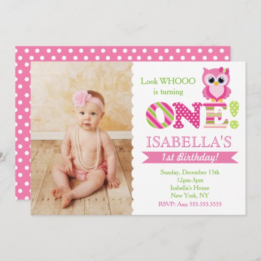 Owl First Birthday Party Invitations Kaart (Voorkant / Achterkant)