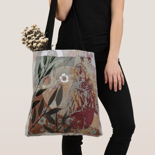 Owl Flowers and Branches Graphic Tapestry Collage Tote Bag (Dichtbij)
