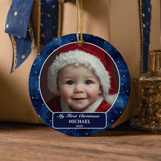 Owl Flying Across Starry Night First Xmas Photo Keramisch Ornament