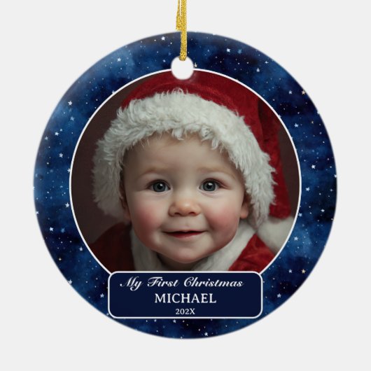 Owl Flying Across Starry Night First Xmas Photo Keramisch Ornament (Achterkant)