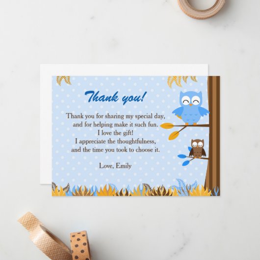 Owl Forest Blue Brown Hartelijk dank Notitiekaartje (Voorkant / Achterkant in situ)