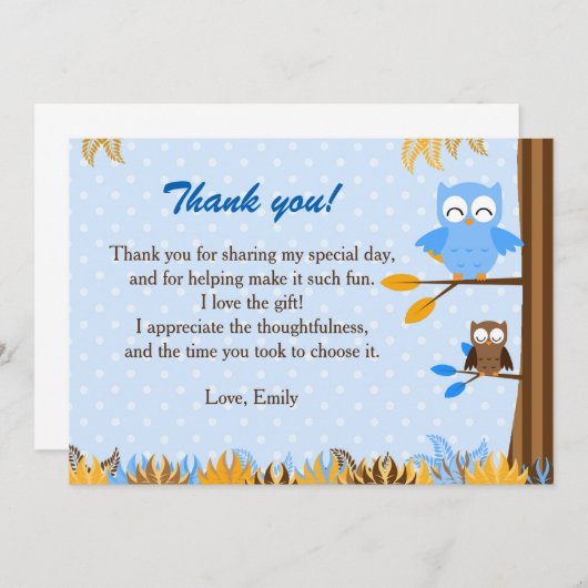 Owl Forest Blue Brown Hartelijk dank Notitiekaartje (Voorkant / Achterkant)