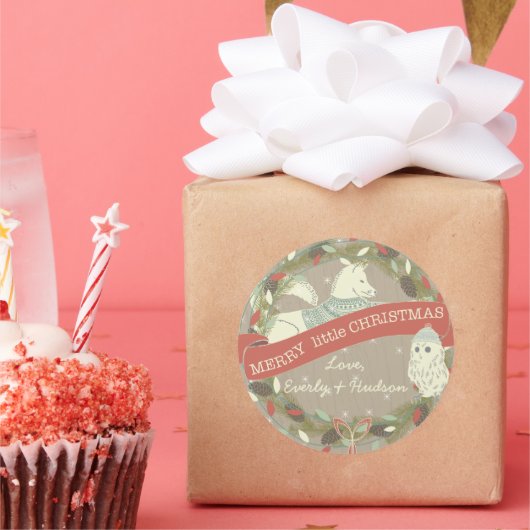 Owl Fox Merry, kleine kerstak van licht Ronde Sticker (Feest)