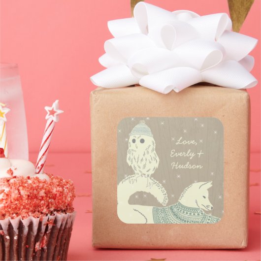 Owl Fox van brei- en haakwerk, Petten en zweet te  Vierkante Sticker (Feest)