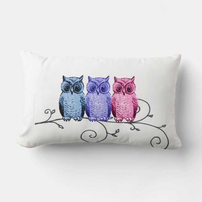 Owl Friends on Vine Blue Paars Pink Pillow Kussen (Voorkant)