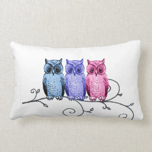 Owl Friends on Vine Blue Paars Pink Pillow Kussen