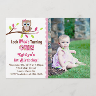 Owl Girl 1st Birthday Invitation 5x7 Photo Card Kaart