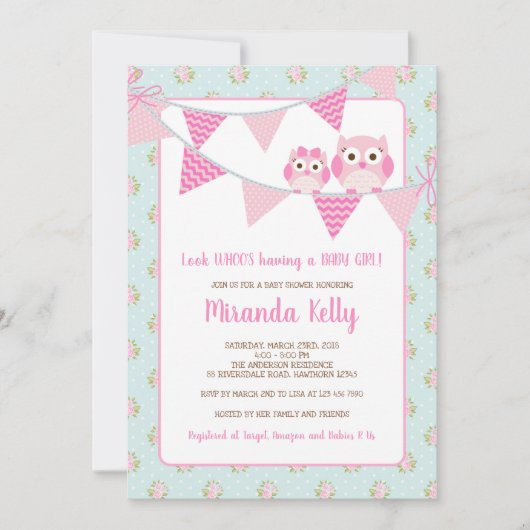 Owl Girl Baby shower Invitation, Shabby Chic Kaart (Voorkant)