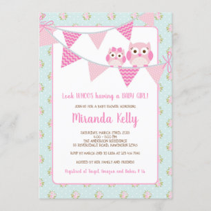 Owl Girl Baby shower Invitation, Shabby Chic Kaart