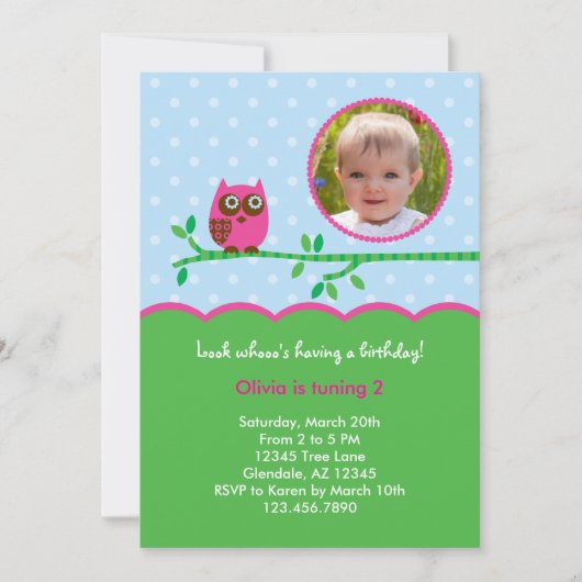 Owl Girl Birthday Photo Invitation Kaart (Voorkant)