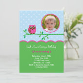 Owl Girl Birthday Photo Invitation Kaart (Staand voorkant)